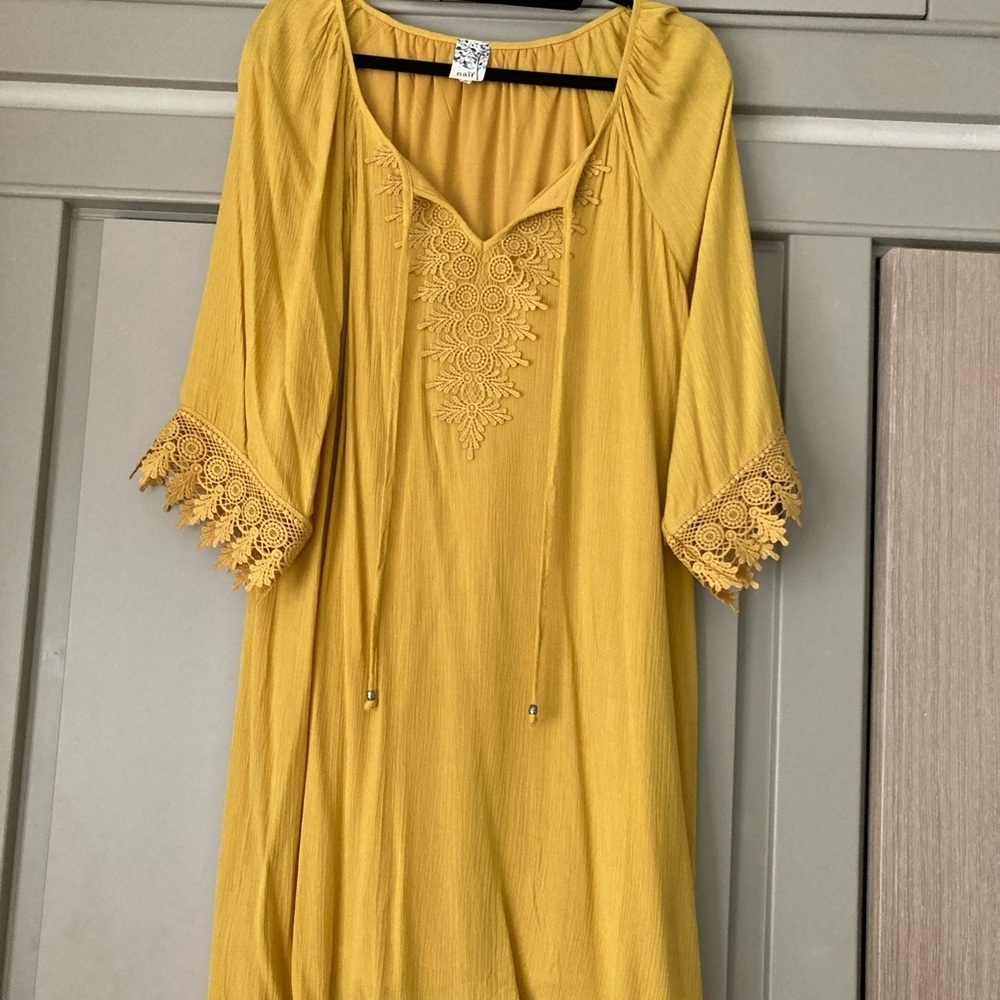 NAIF Yellow Midi Dress with Crochet Lace Details